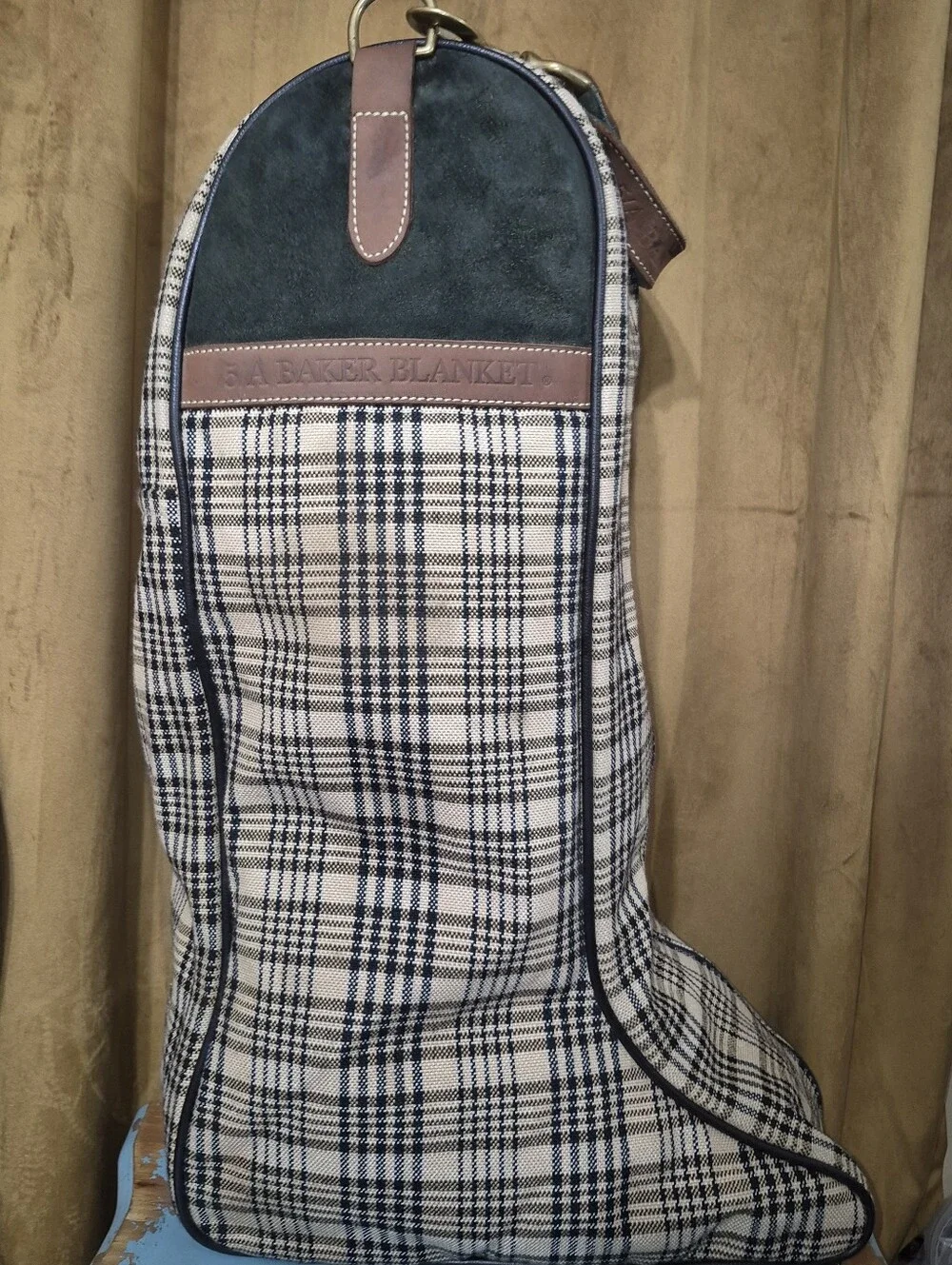 🔥5/A Baker Blanket Plaid Woven Fabric Suede Leather Riding Boot Bag Equestrian